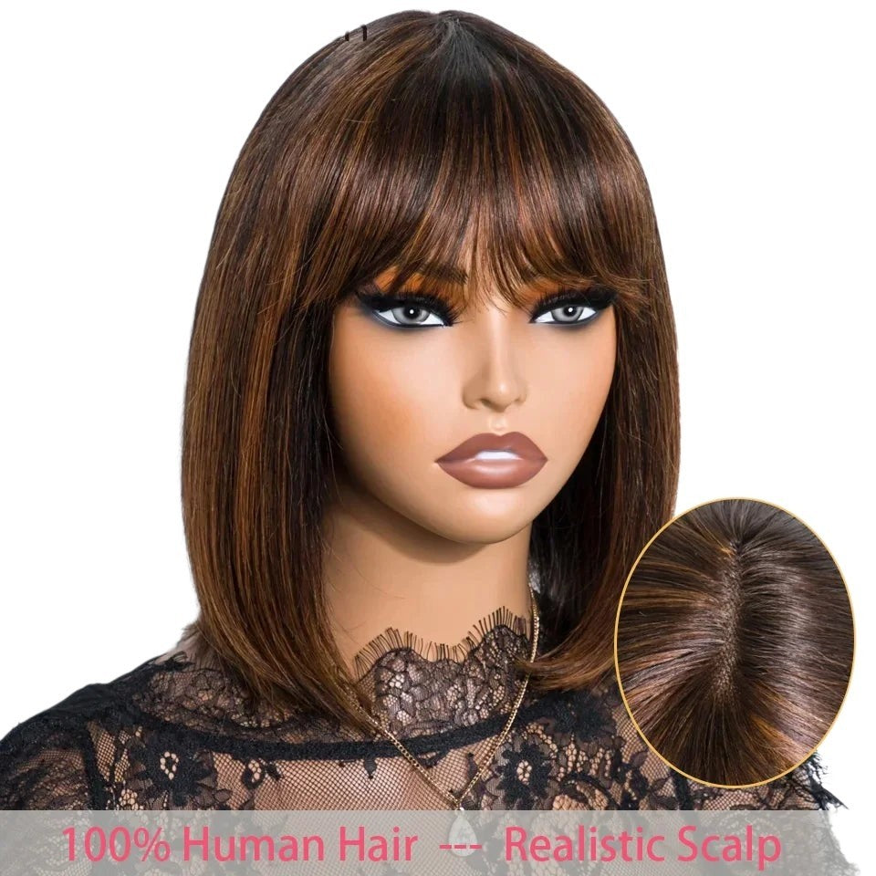 RitzWigs short straight brown bob human hair wig with bangs and realistic lace scalp on a mannequin head