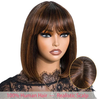 RitzWigs short straight brown bob human hair wig with bangs and realistic lace scalp on a mannequin head