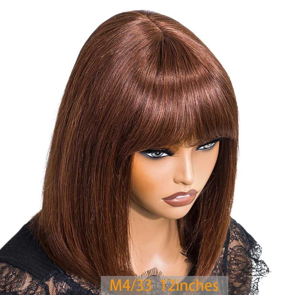 RitzWigs brown straight bob human hair wig with bangs on a mannequin head