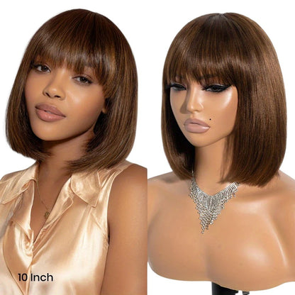 RitzWigs short straight brown bob human hair wig with bangs worn by a model and displayed on a mannequin head