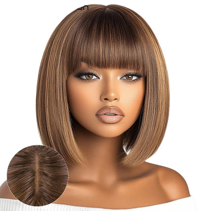 RitzWigs brown straight bob human hair wig with bangs and realistic lace top on a model
