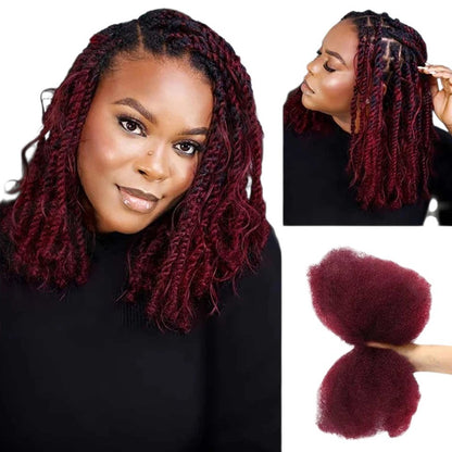 RitzWigs burgundy afro kinky bulk human hair extensions styled in kinky twists on a woman with a natural look