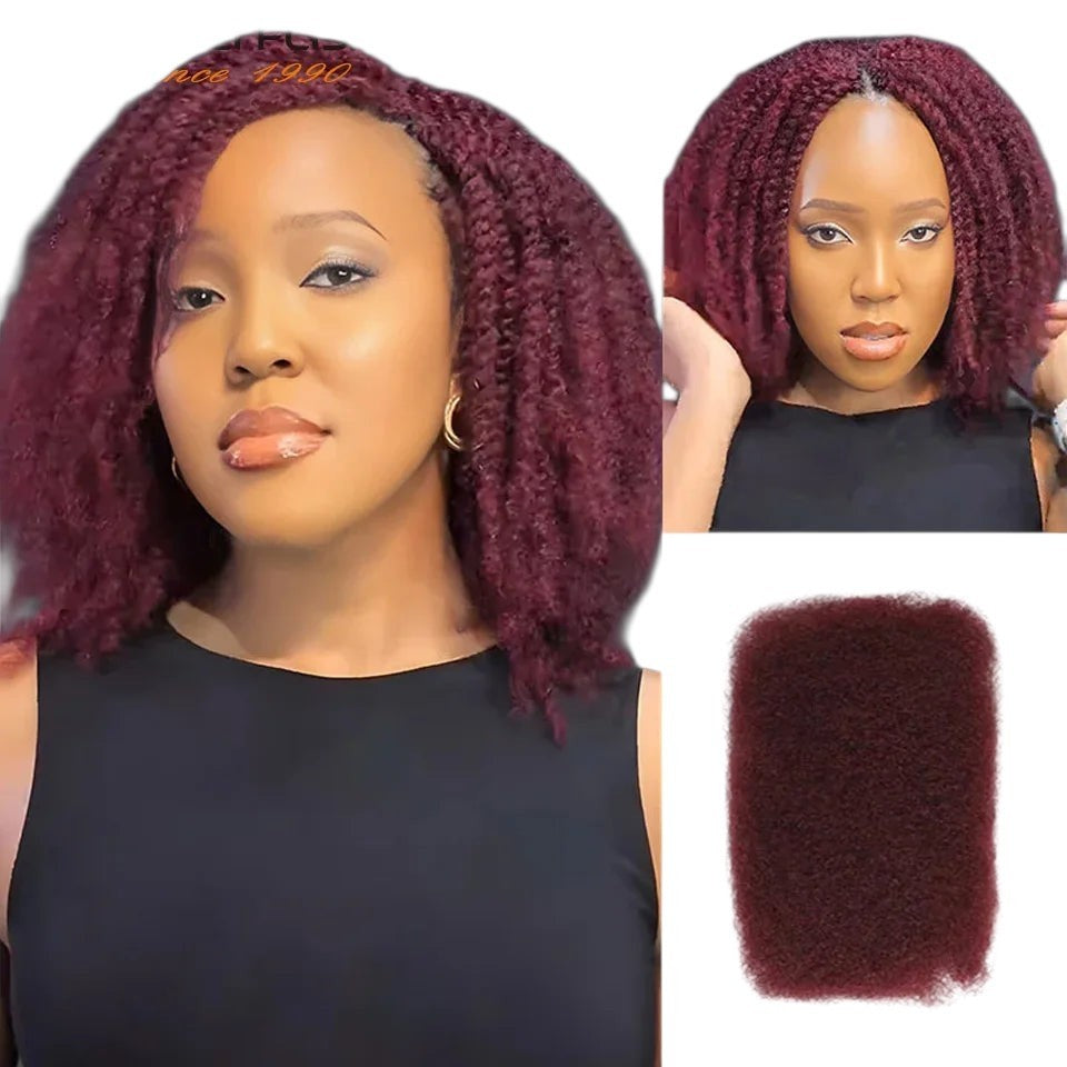 RitzWigs burgundy afro kinky curly human hair extensions for braiding, worn by a model with a shoulder-length style.