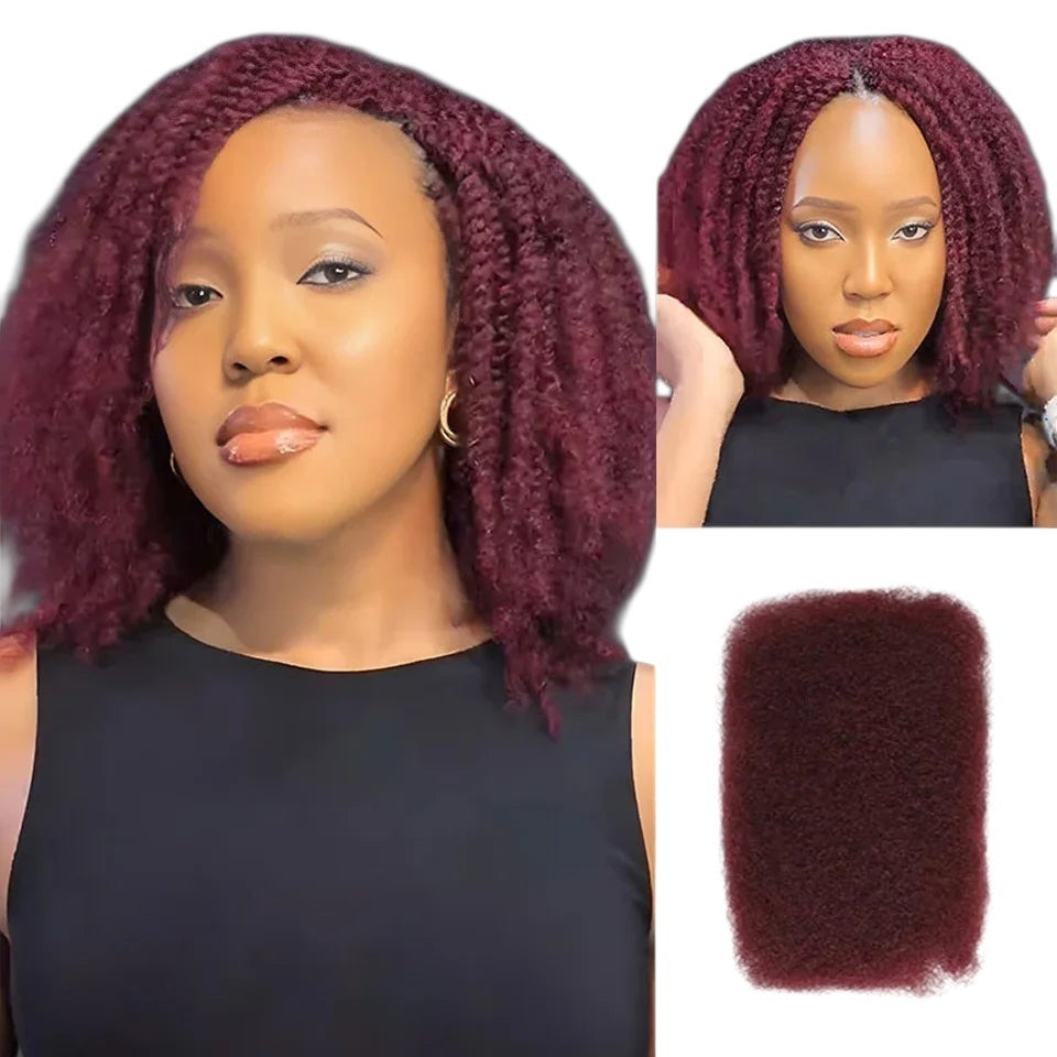 RitzWigs burgundy afro kinky curly human hair extensions for braiding, worn by a model in a shoulder-length style.