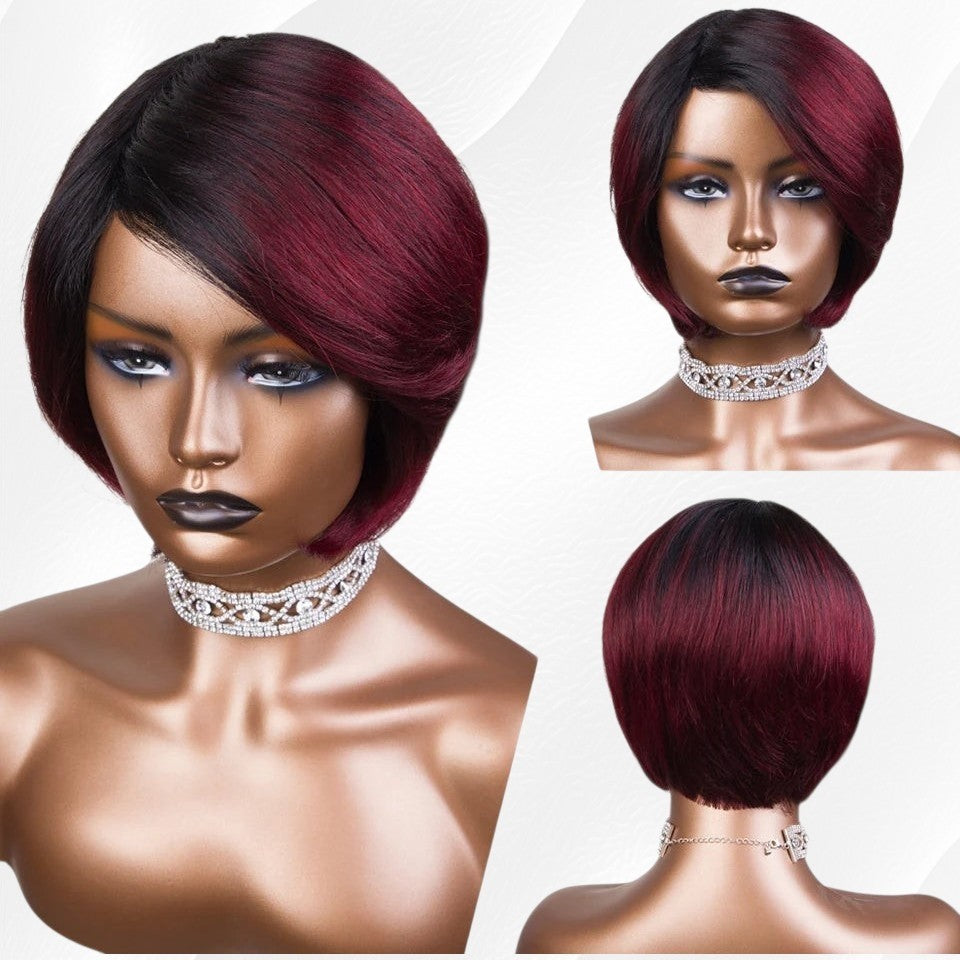 RitzWigs burgundy and black ombre short straight bob human hair wig with side part on a mannequin