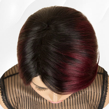 RitzWigs burgundy and black short bob human hair wig with side part on a mannequin head
