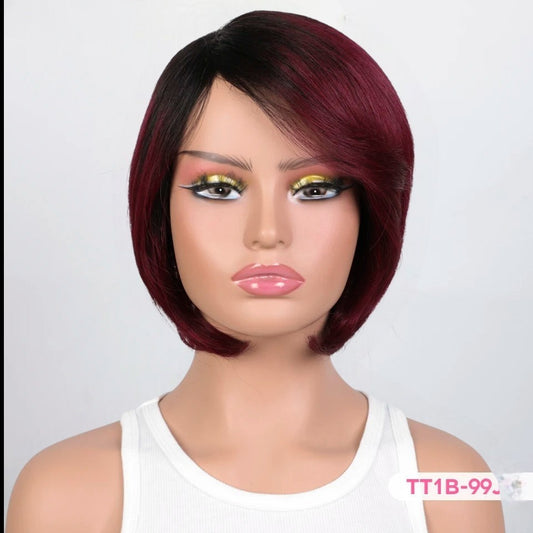 RitzWigs burgundy and black short bob human hair wig with side-parted bangs on a mannequin head