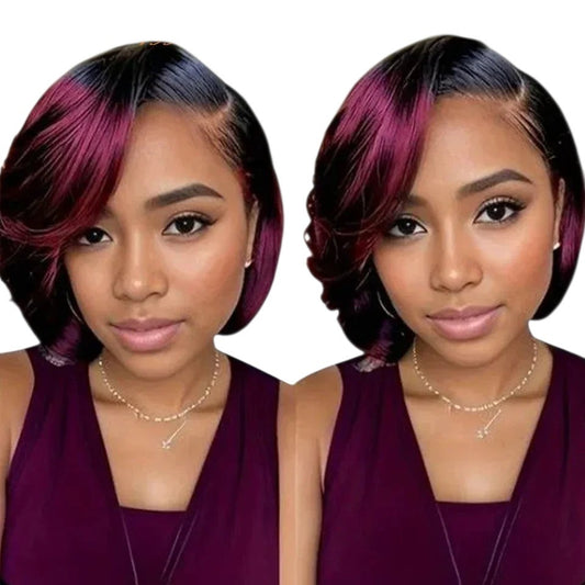 RitzWigs burgundy and black pixie cut human hair bob wig with a side part worn by a woman in a burgundy top