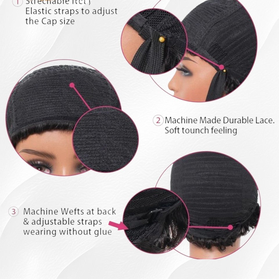 RitzWigs burgundy bob wig cap interior showing machine-made durable lace, adjustable elastic straps, and wefted back