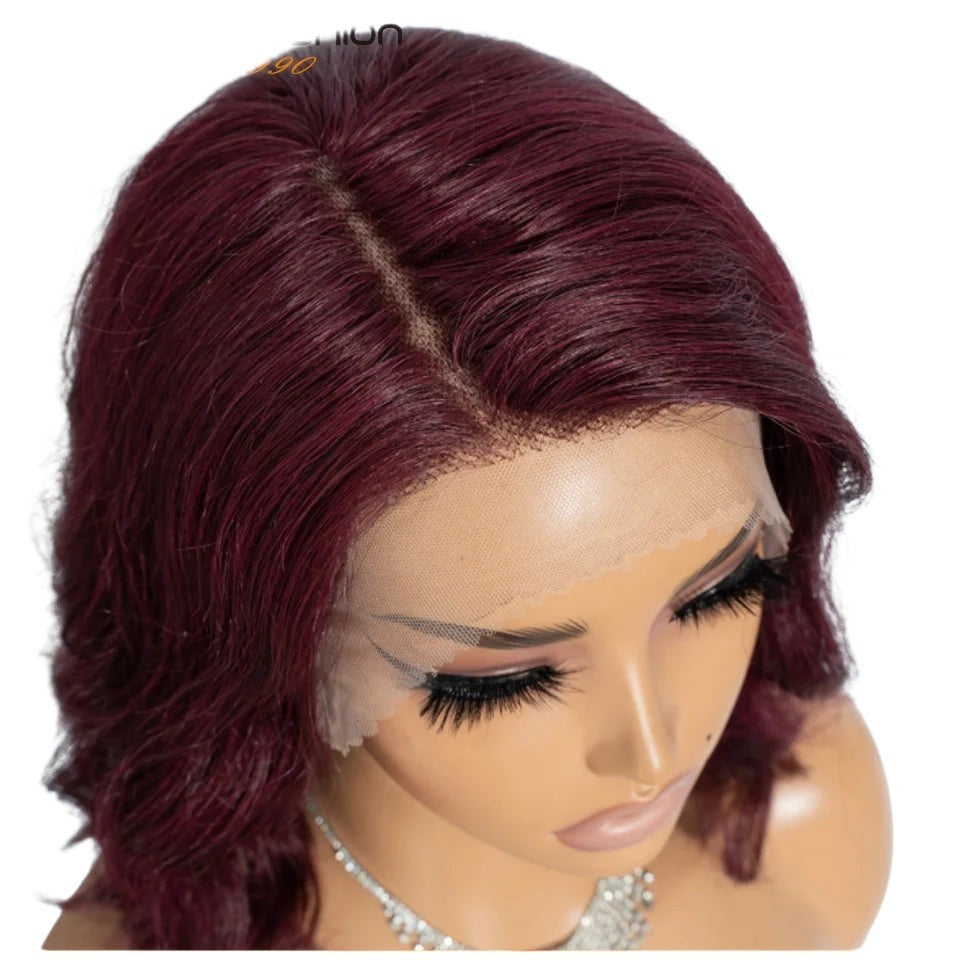 RitzWigs burgundy body wave bob wig with transparent lace front on a mannequin head