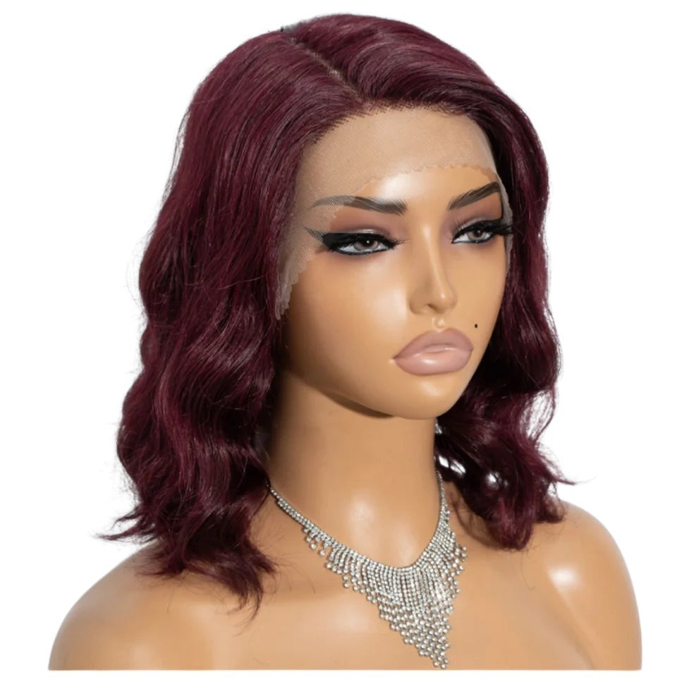 RitzWigs burgundy body wave bob wig on a mannequin with transparent HD lace front and pre-plucked natural hairline.