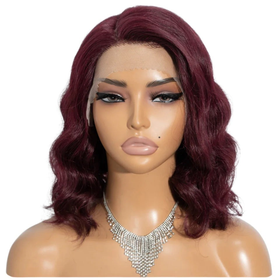 RitzWigs burgundy body wave bob lace front wig on a mannequin with transparent lace and side part