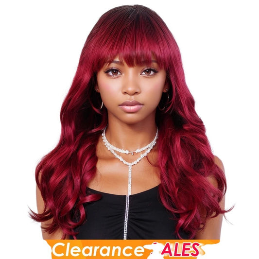 RitzWigs burgundy body wave human hair wig with bangs worn by a model with a crystal necklace