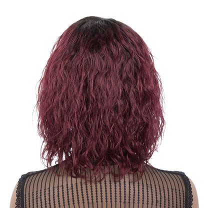Back view of a RitzWigs short curly bob wig in a T1B/99J burgundy and black ombre water wave human hair style.