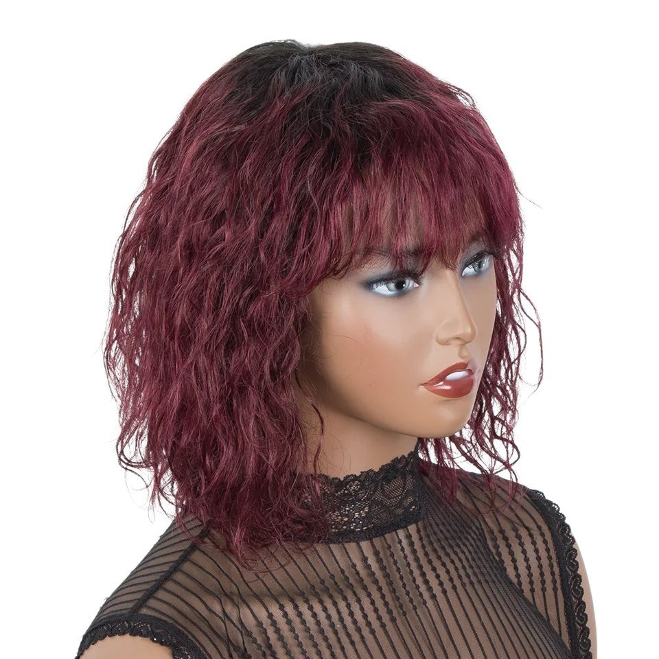RitzWigs short curly bob wig in burgundy and black ombre human hair on a mannequin head