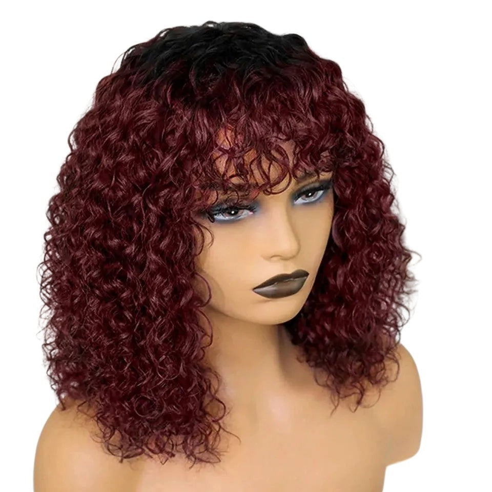 RitzWigs short burgundy jerry curly human hair bob wig with bangs on a mannequin head