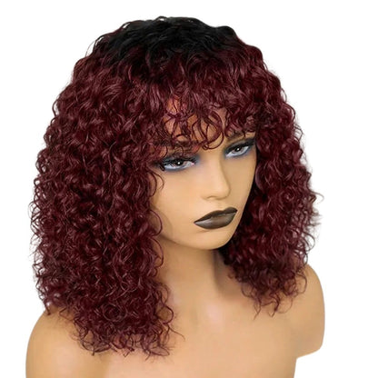 RitzWigs short burgundy jerry curly human hair bob wig with bangs on a mannequin head