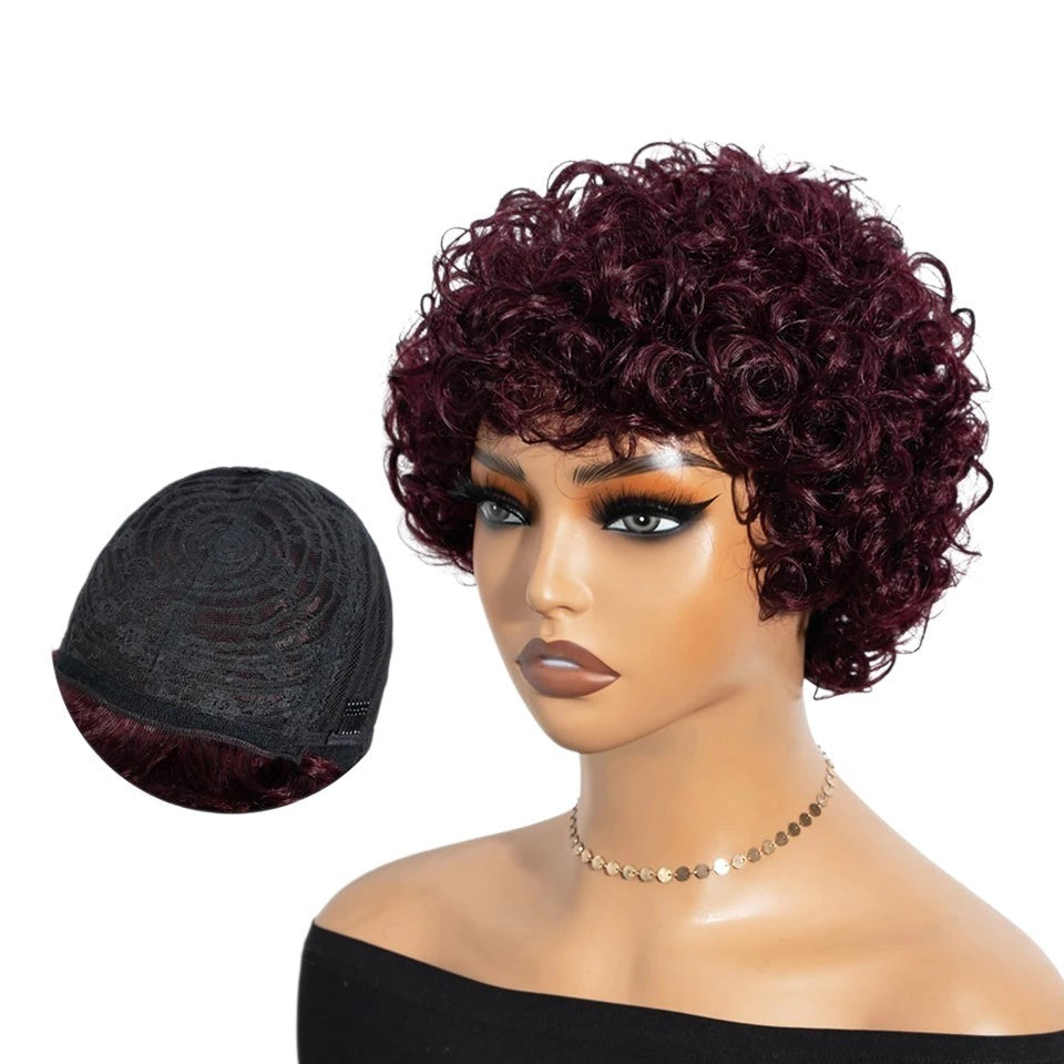RitzWigs short burgundy afro kinky curly human hair wig with bangs on a mannequin head
