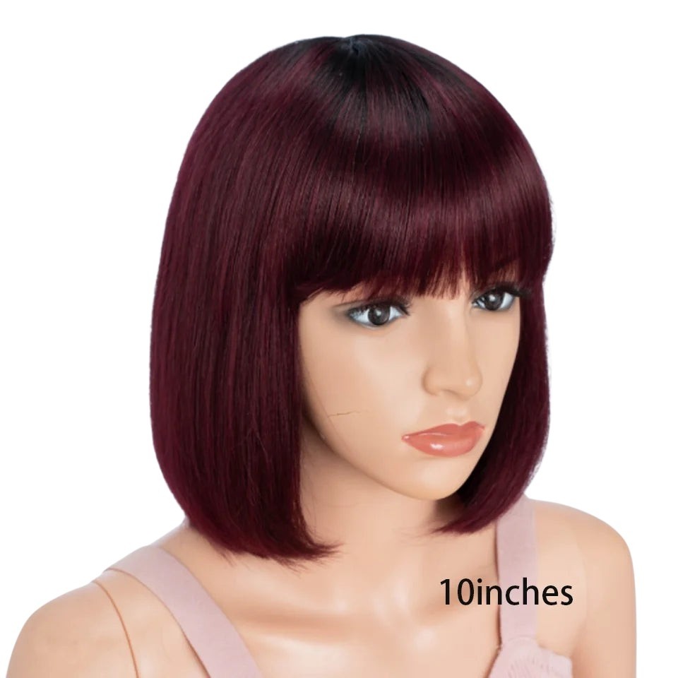 RitzWigs short straight bob wig in 99J ombre burgundy human hair with bangs on a mannequin