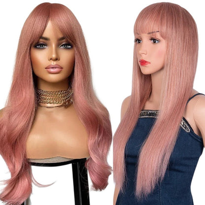 RitzWigs burgundy pink straight human hair wig with bangs on a mannequin head, featuring a natural Remy hair texture.