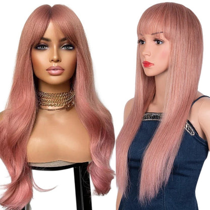 RitzWigs burgundy pink straight human hair wig with bangs on a mannequin head