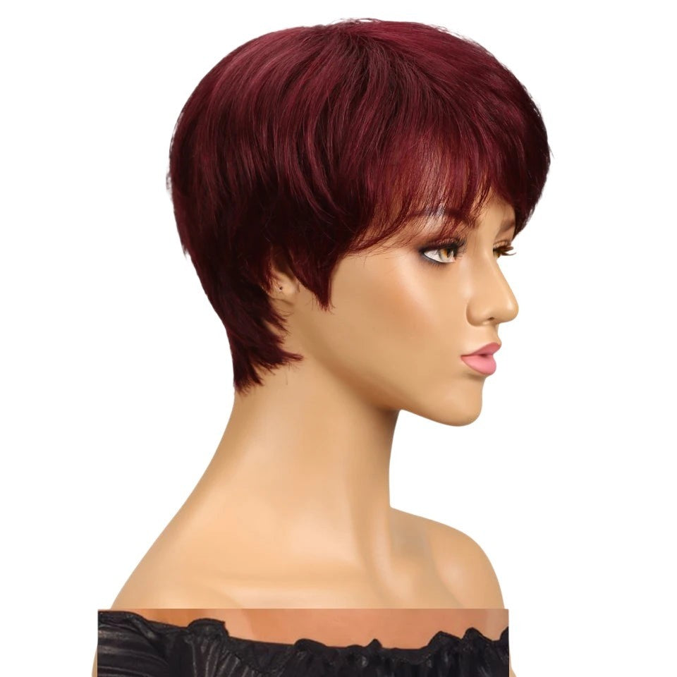 RitzWigs burgundy red short straight pixie cut human hair wig with bangs on a mannequin head