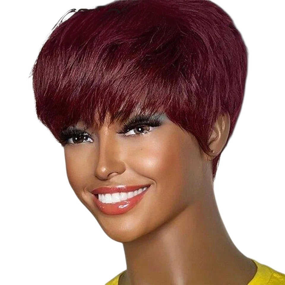 RitzWigs burgundy red short straight pixie cut human hair wig with bangs on a mannequin head