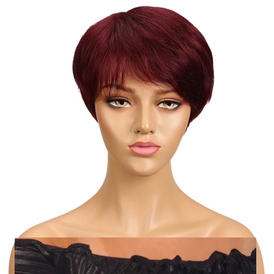 RitzWigs burgundy red short pixie cut straight human hair wig with bangs on a mannequin head