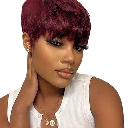 RitzWigs burgundy red short pixie cut straight human hair wig with bangs worn by a woman