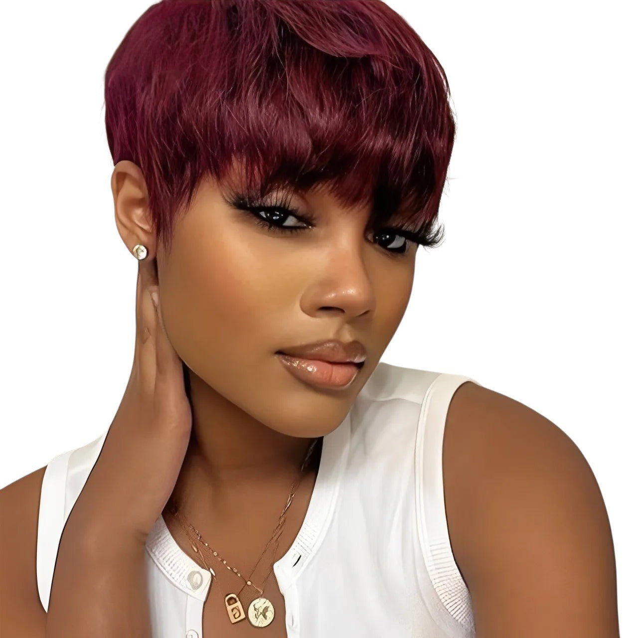 RitzWigs burgundy red short straight pixie cut human hair wig with bangs worn by a woman