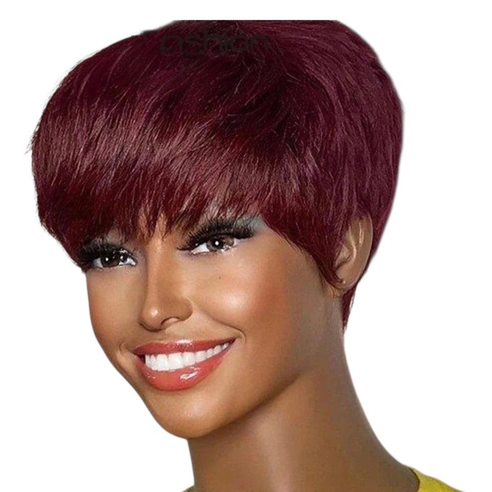 RitzWigs short burgundy pixie cut human hair wig with bangs on a smiling model