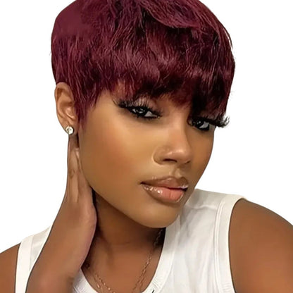 RitzWigs short burgundy pixie cut human hair wig with bangs worn by a woman with a white tank top