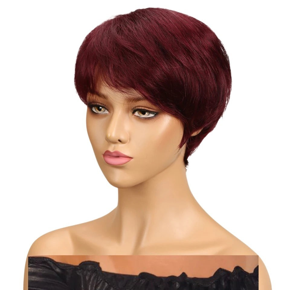 RitzWigs burgundy red short pixie cut straight bob wig with bangs made of 100% human hair on a mannequin head