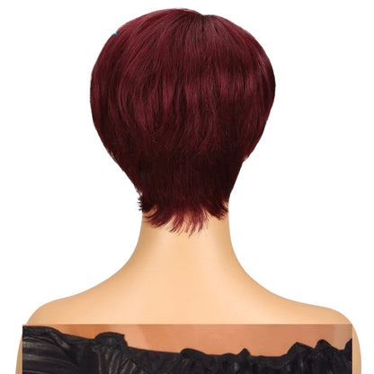 RitzWigs burgundy red short straight pixie cut human hair wig viewed from the back on a mannequin