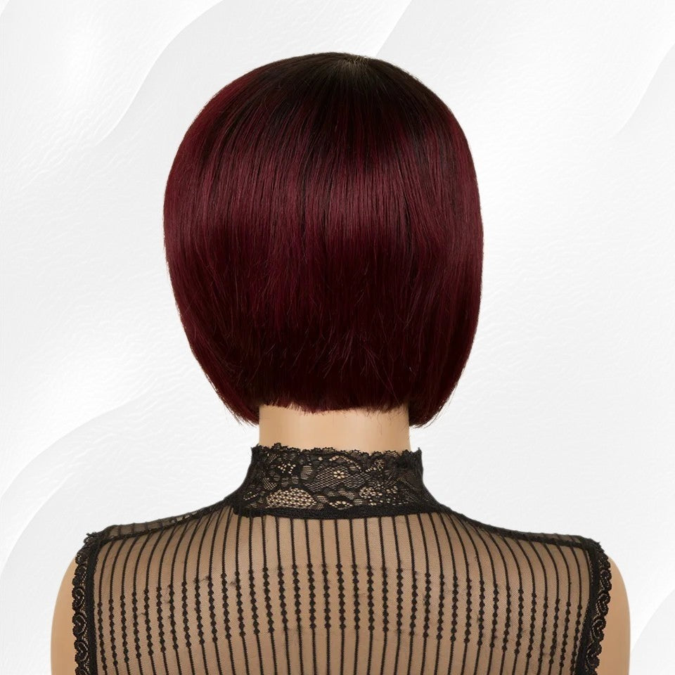 Back view of a RitzWigs burgundy short straight bob human hair wig with a blunt cut on a mannequin
