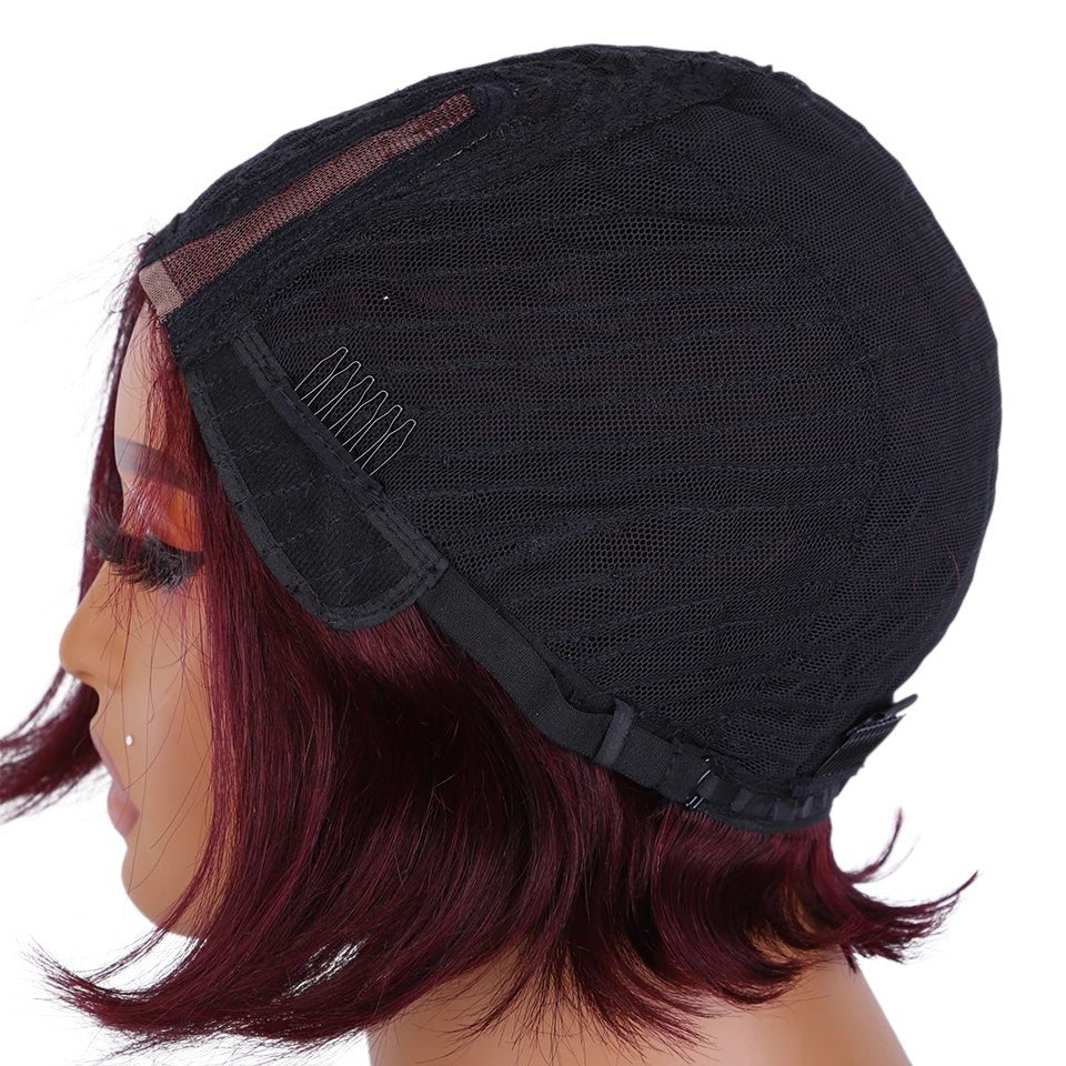 RitzWigs burgundy short straight bob human hair wig with glueless lace cap construction on a mannequin head