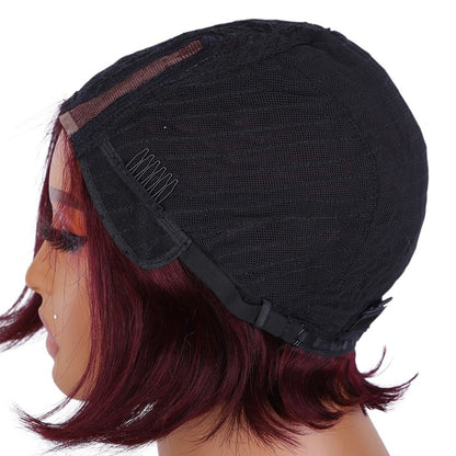 RitzWigs burgundy short straight bob human hair wig with glueless lace cap construction on a mannequin head