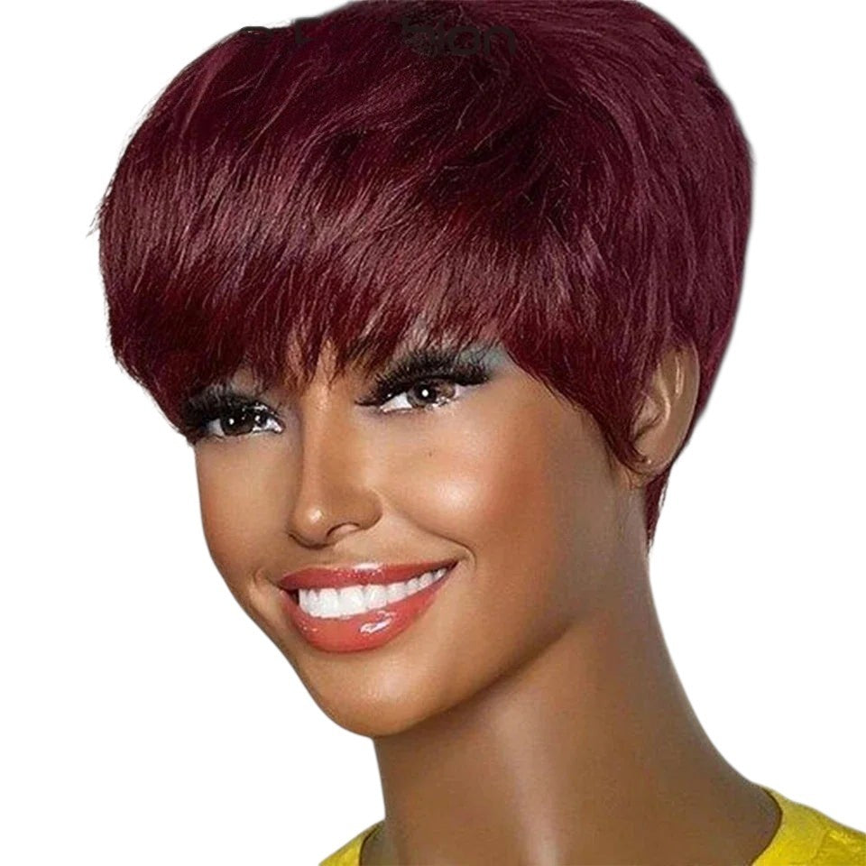 RitzWigs burgundy red short straight pixie bob human hair wig with bangs on a mannequin head