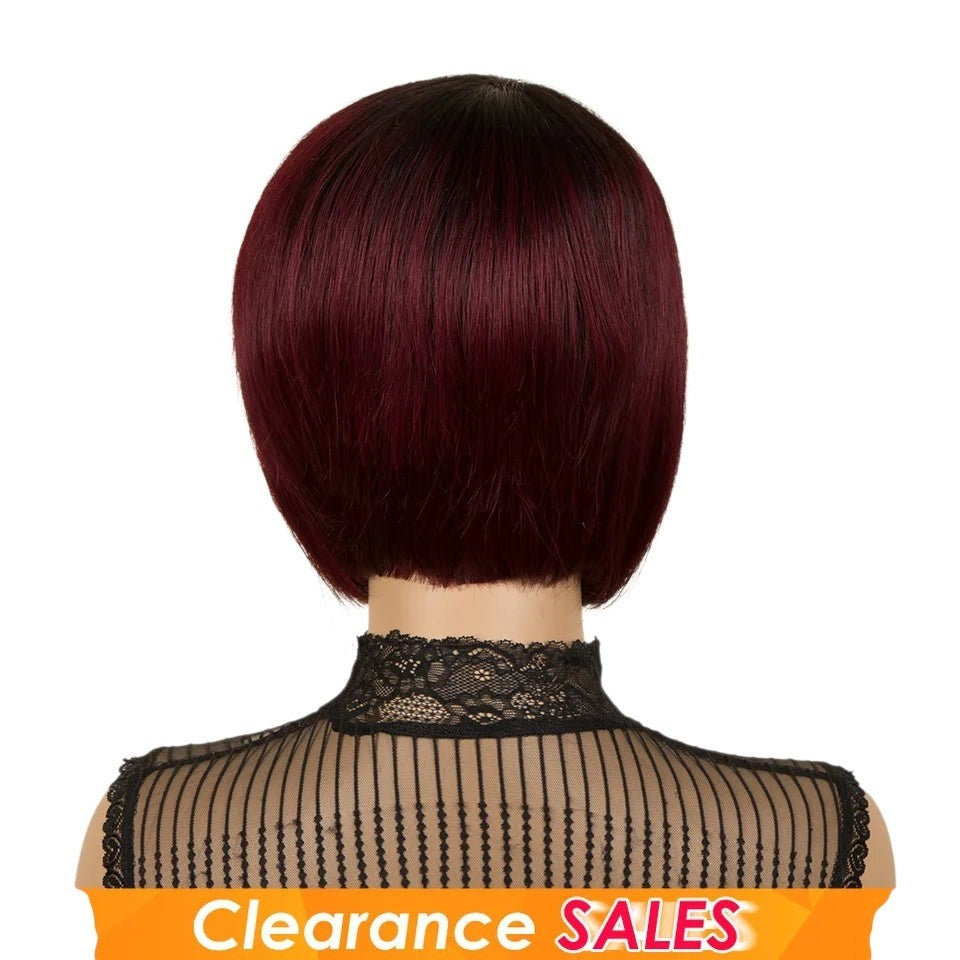 Back view of a RitzWigs burgundy and black short straight pixie bob human hair wig on a mannequin