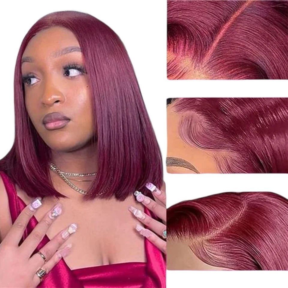 RitzWigs burgundy straight bob human hair lace wig with a natural middle part on a model wearing a matching top.