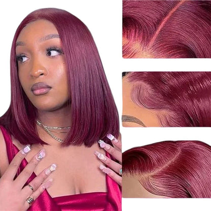 RitzWigs burgundy straight bob human hair lace wig with a natural middle part on a model wearing a matching top.