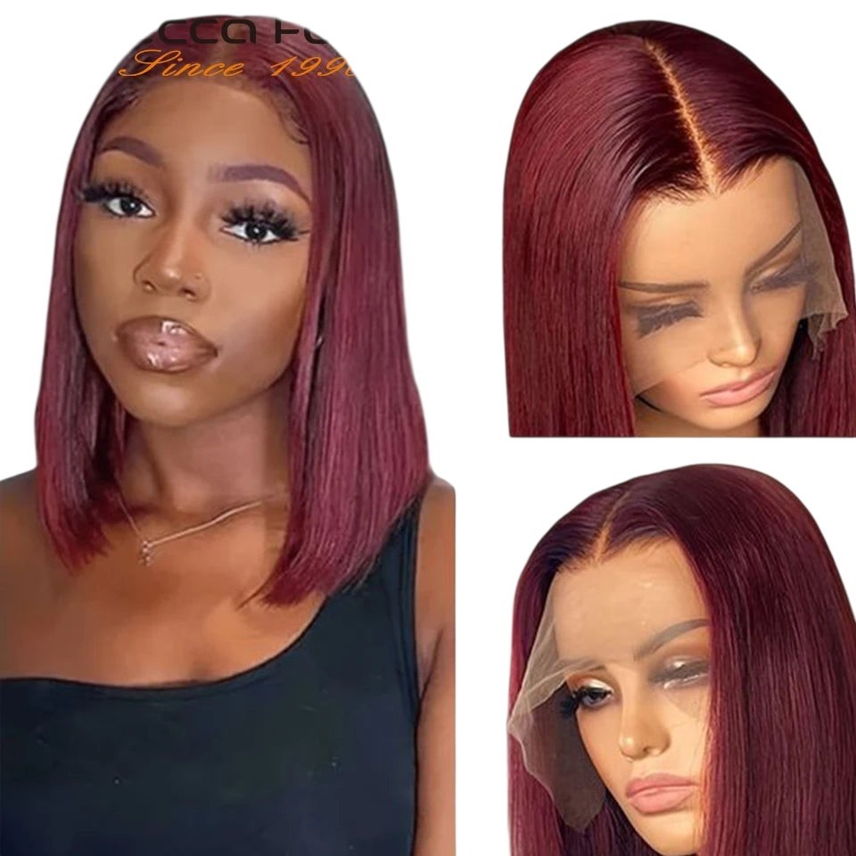 RitzWigs burgundy straight bob human hair lace wig with a middle part on a model