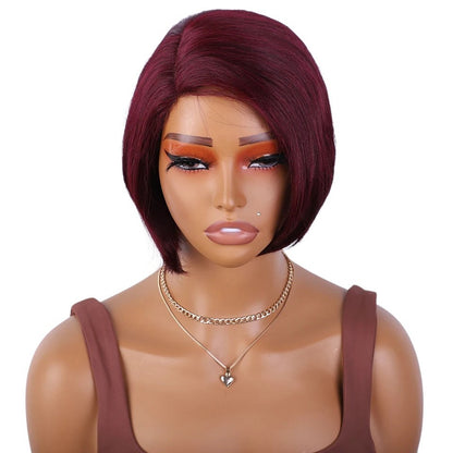RitzWigs burgundy straight short bob human hair wig with a side part on a mannequin head