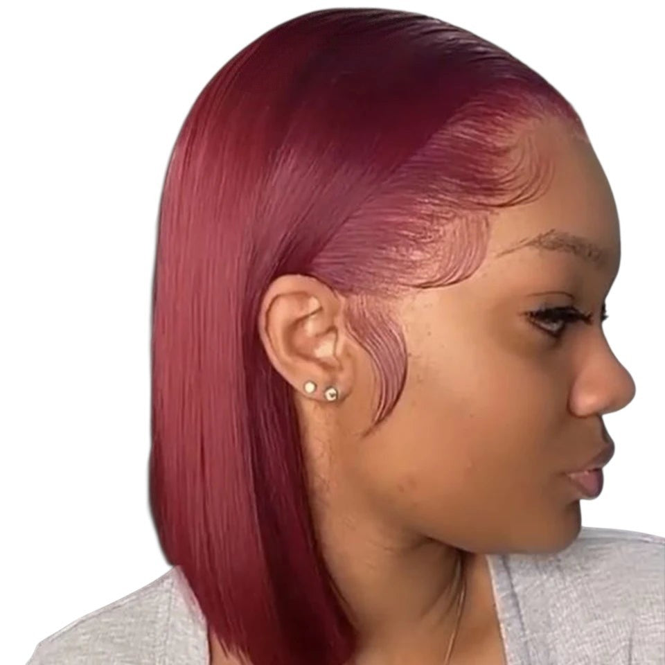 RitzWigs short straight burgundy bob human hair lace wig with a natural hairline on a model