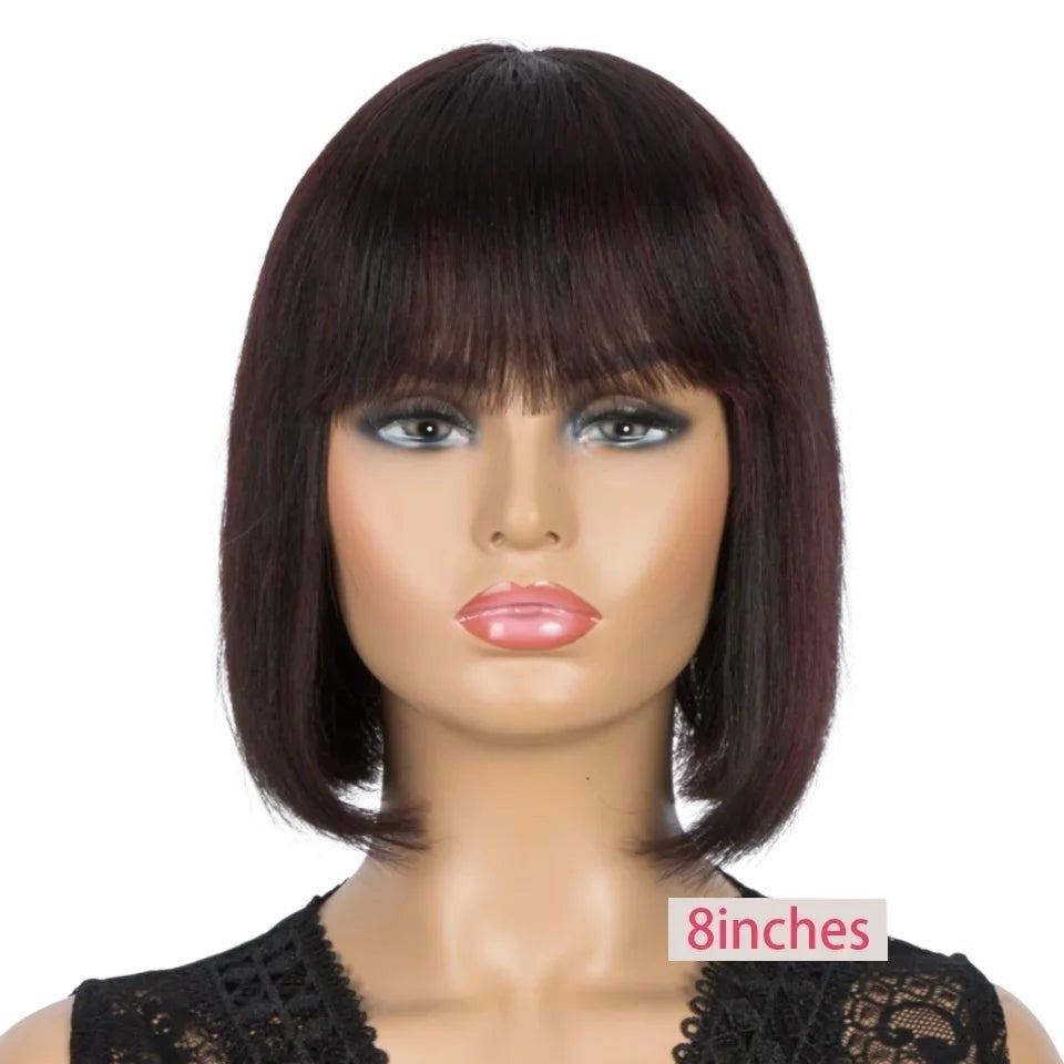 RitzWigs short straight 99J burgundy bob wig with bangs made of Brazilian human hair on a mannequin head