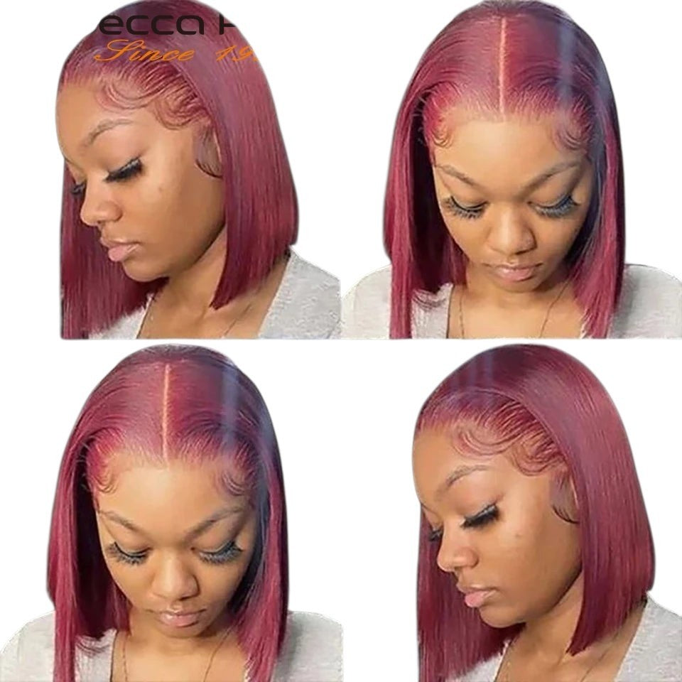 RitzWigs short straight burgundy bob wig with middle part and transparent lace on a model