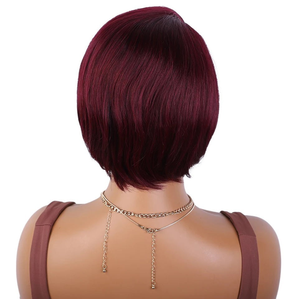 RitzWigs burgundy short straight bob human hair wig on a mannequin, back view showing smooth texture and layered cut.