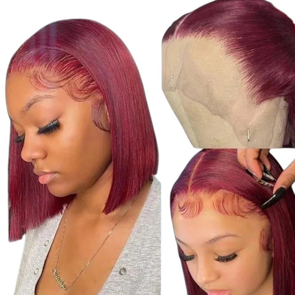 RitzWigs short burgundy straight human hair bob wig with 13x5x1 lace front and natural baby hairs on a model