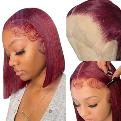 RitzWigs short burgundy straight human hair bob wig with 13x5x1 lace front and natural baby hairs on a model