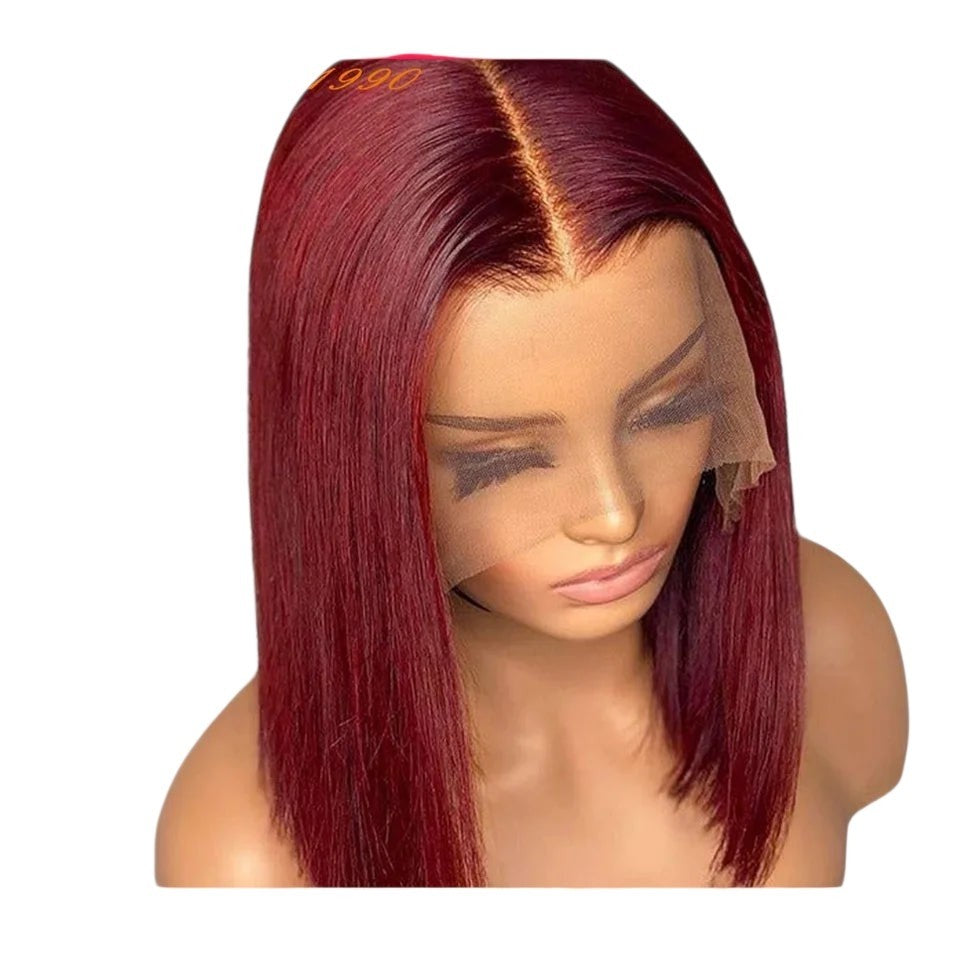 RitzWigs short straight burgundy bob human hair lace wig with a middle part on a mannequin head